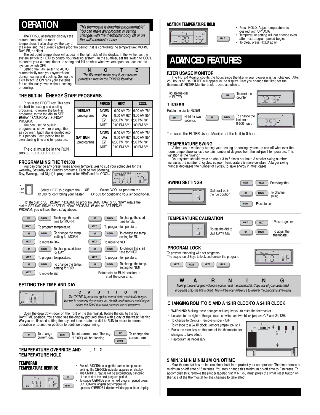 Lux Products BUILT-IN Energy Star Programs, Filter Usage Monitor, Temperature Swing, Programming the TX1500 