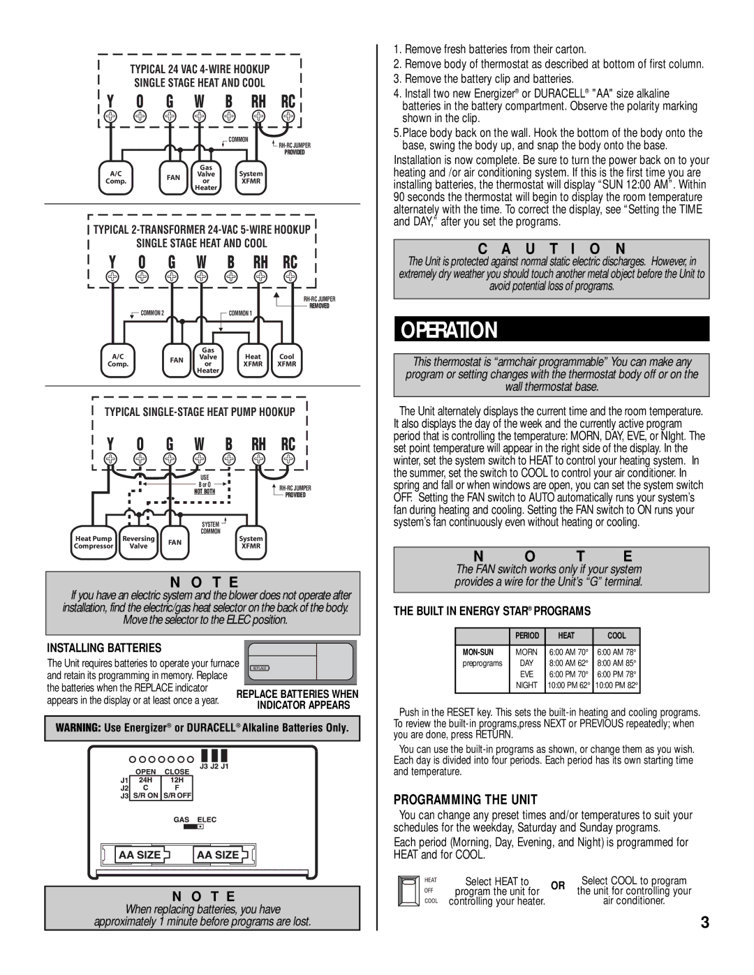 Lux Products TX9000 installation instructions Operation, Installing Batteries, Built in Energy Star Programs 