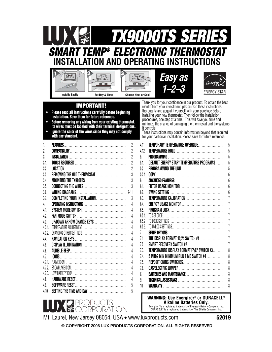 Lux Products operating instructions TX9000TS Series 