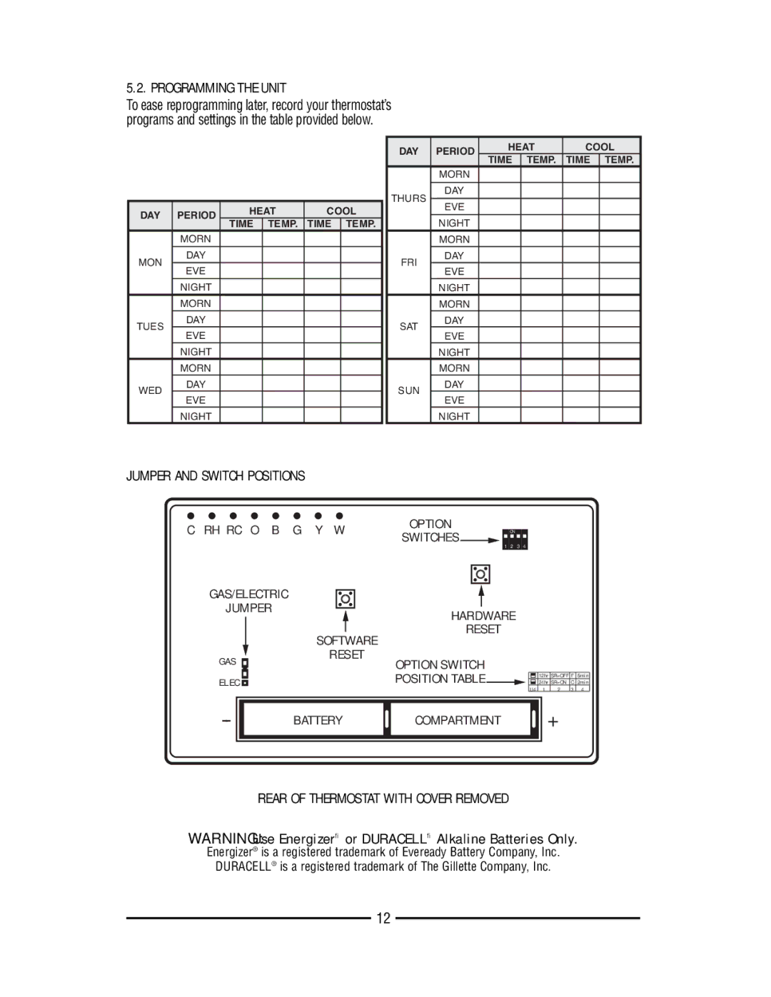 Lux Products TX9000TS operating instructions Jumper and Switch Positions, Rear of Thermostat with Cover Removed 