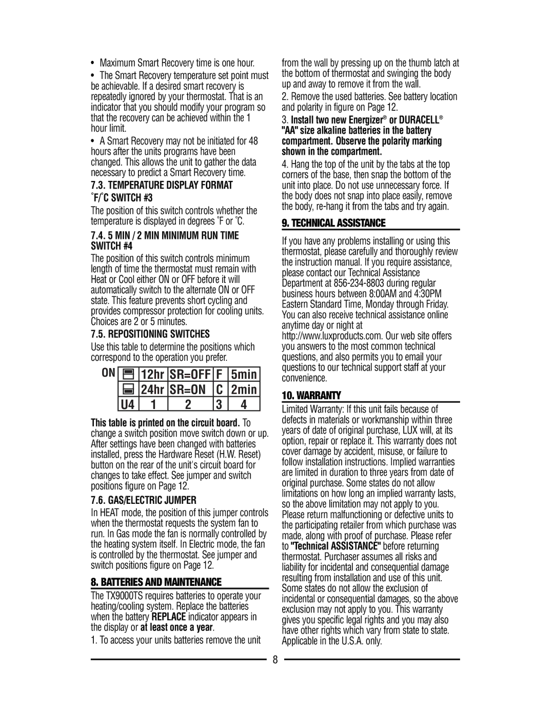 Lux Products TX9000TS Batteries and Maintenance, Technical Assistance Warranty, MIN / 2 MIN Minimum RUN Time Switch #4 