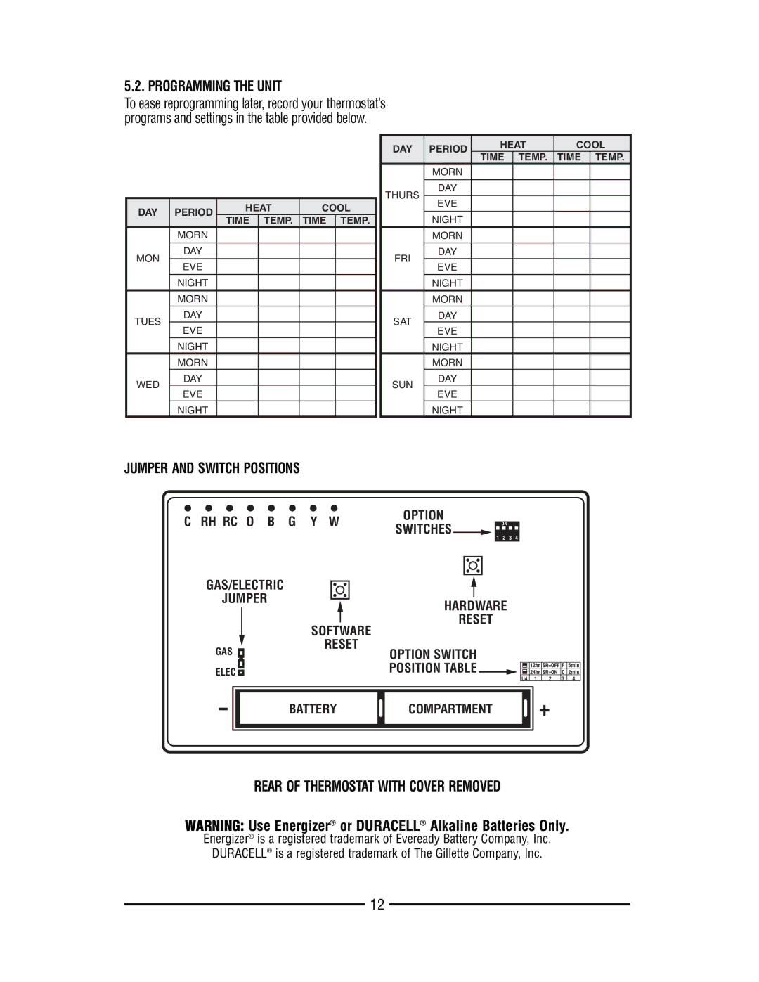 Lux Products TX9000TS warranty Jumper and Switch Positions, Rear of Thermostat with Cover Removed 