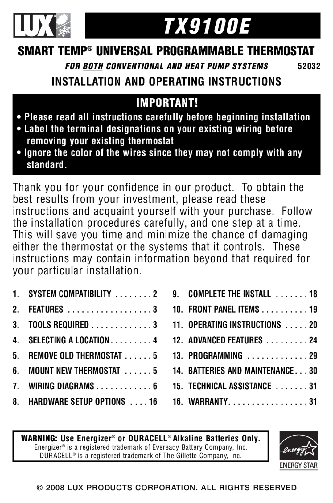 Lux Products TX9100E warranty Installation and Operating Instructions 