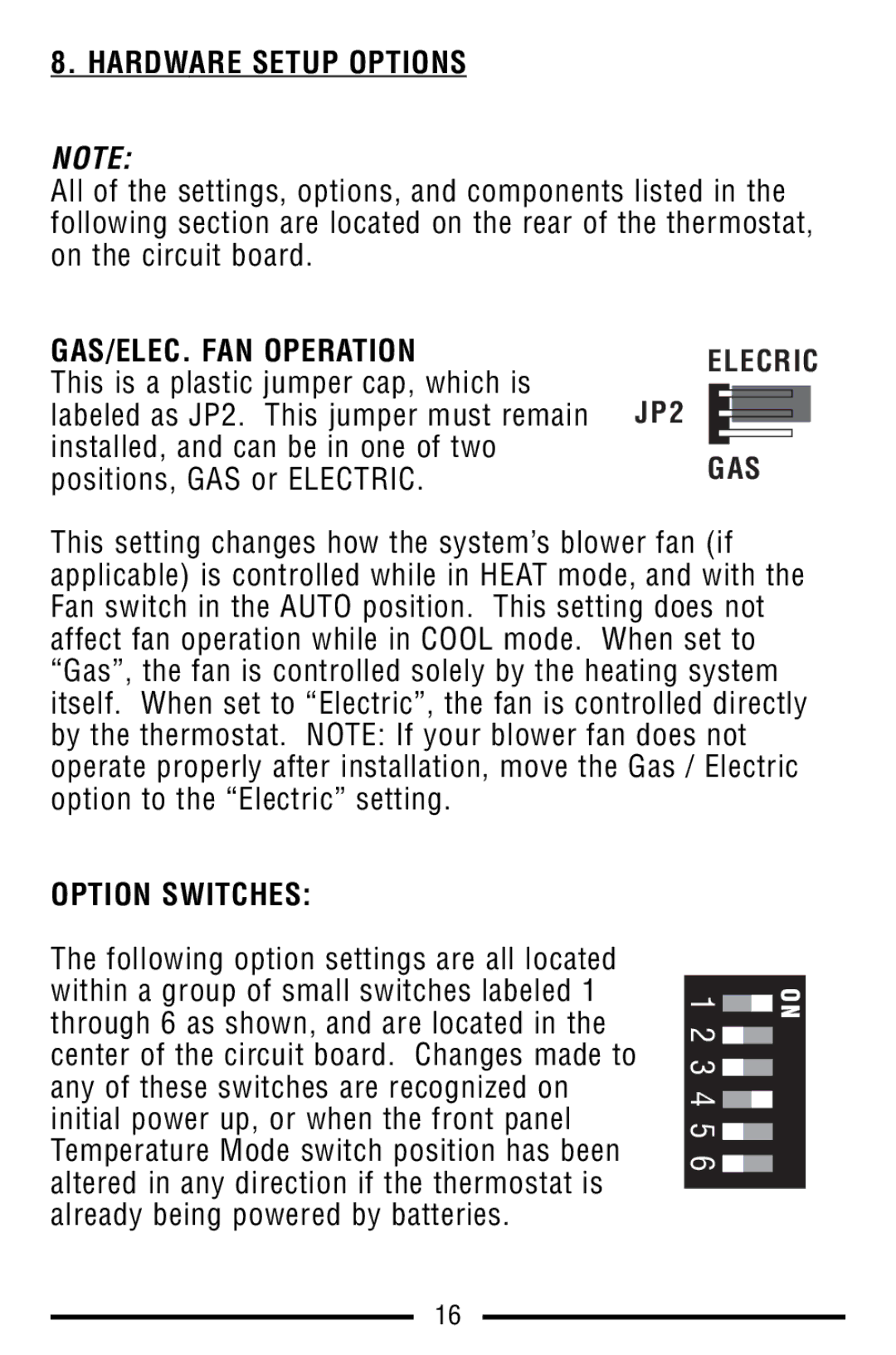 Lux Products TX9100E warranty Hardware Setup Options, GAS/ELEC. FAN Operation, Option Switches 