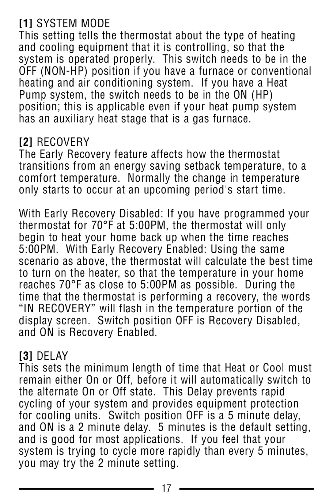 Lux Products TX9100E warranty System Mode, Recovery, Delay 