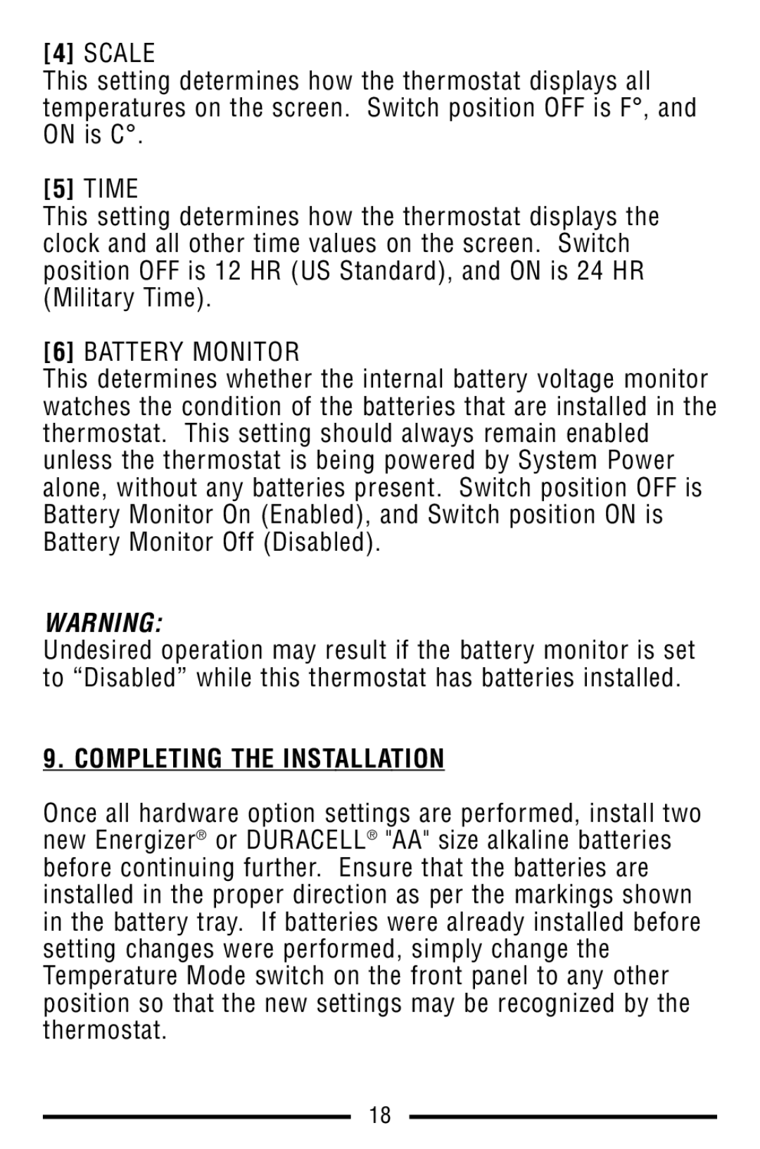 Lux Products TX9100E warranty Scale, Battery Monitor, Completing the Installation 