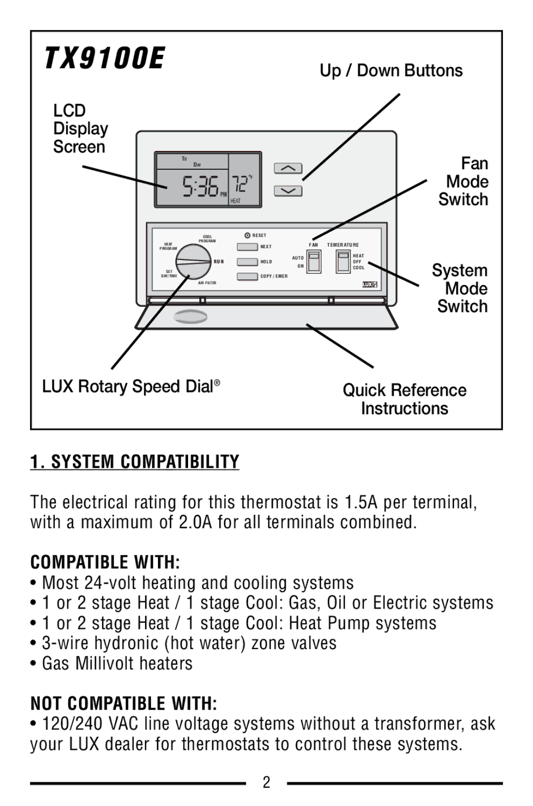 Lux Products TX9100E warranty System Compatibility, Not Compatible with 