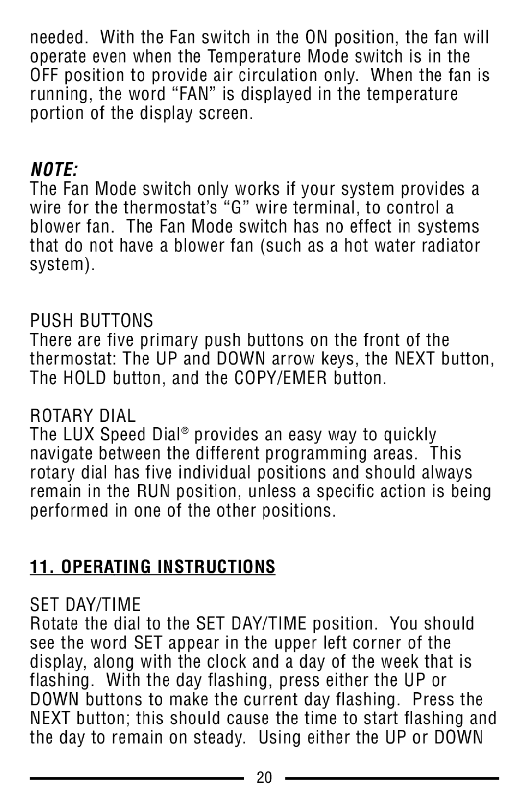 Lux Products TX9100E warranty Push Buttons, Rotary Dial, Operating Instructions, Set Day/Time 