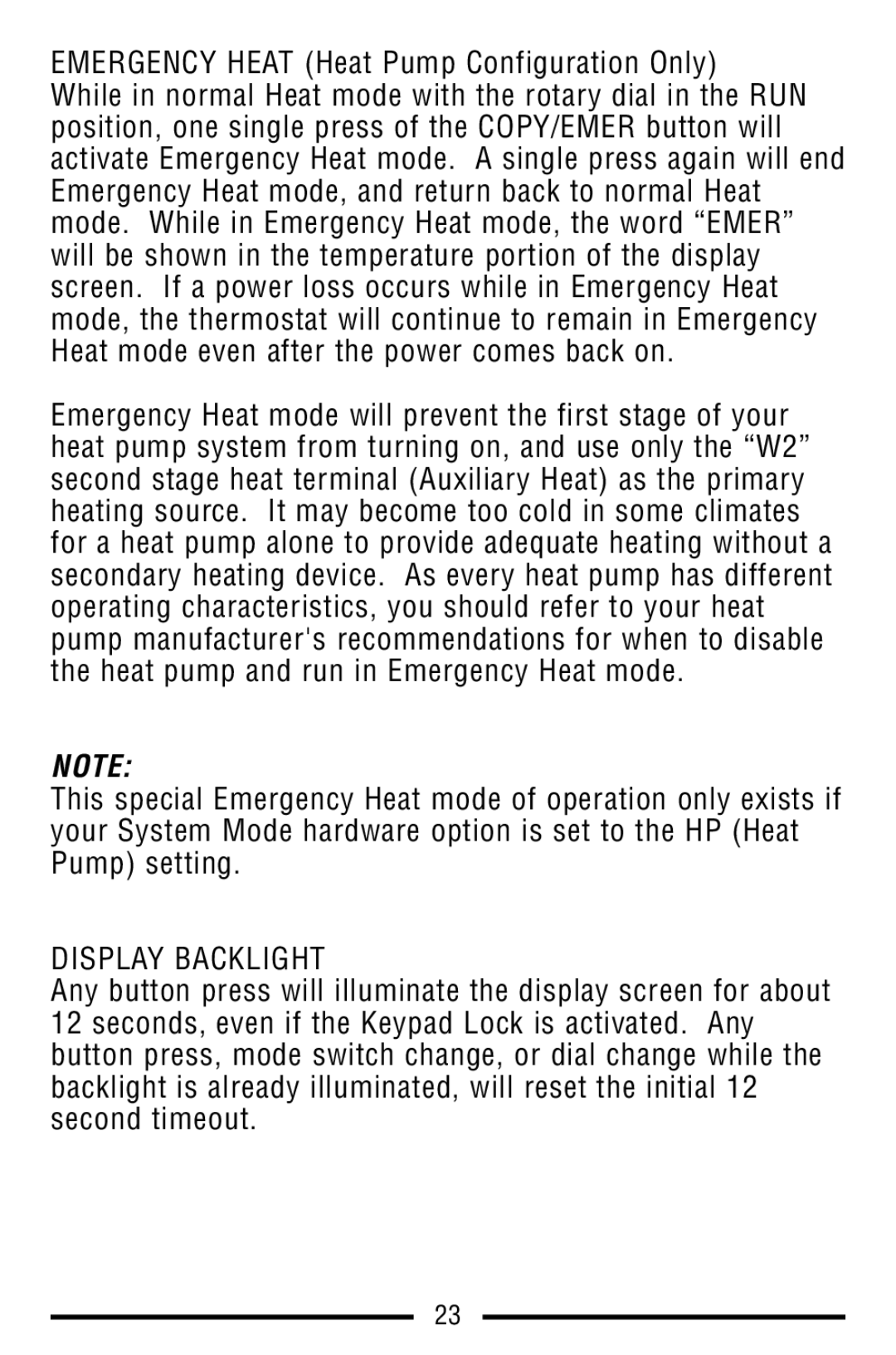 Lux Products TX9100E warranty Emergency Heat Heat Pump Configuration Only, Display Backlight 