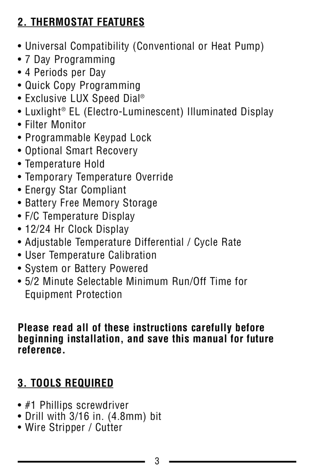 Lux Products TX9100E warranty Thermostat Features, Tools Required 