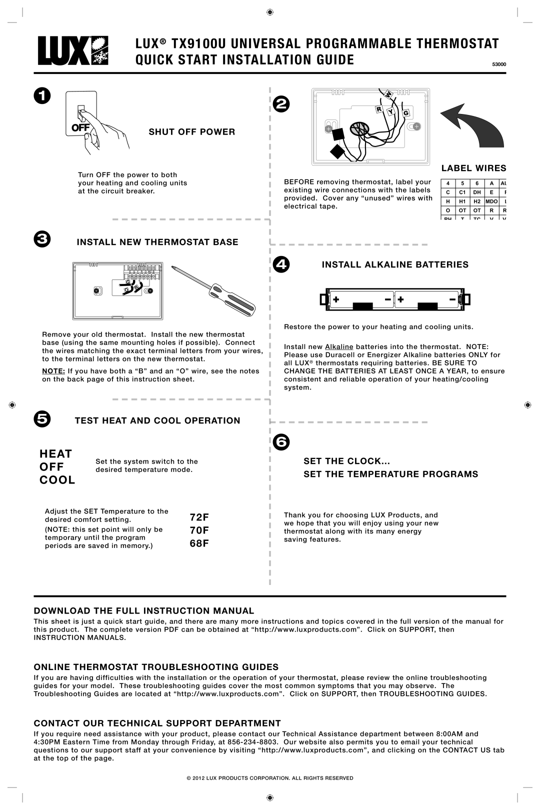 Lux Products TX9100U instruction manual Shut OFF Power, Label Wires, Install Alkaline Batteries 