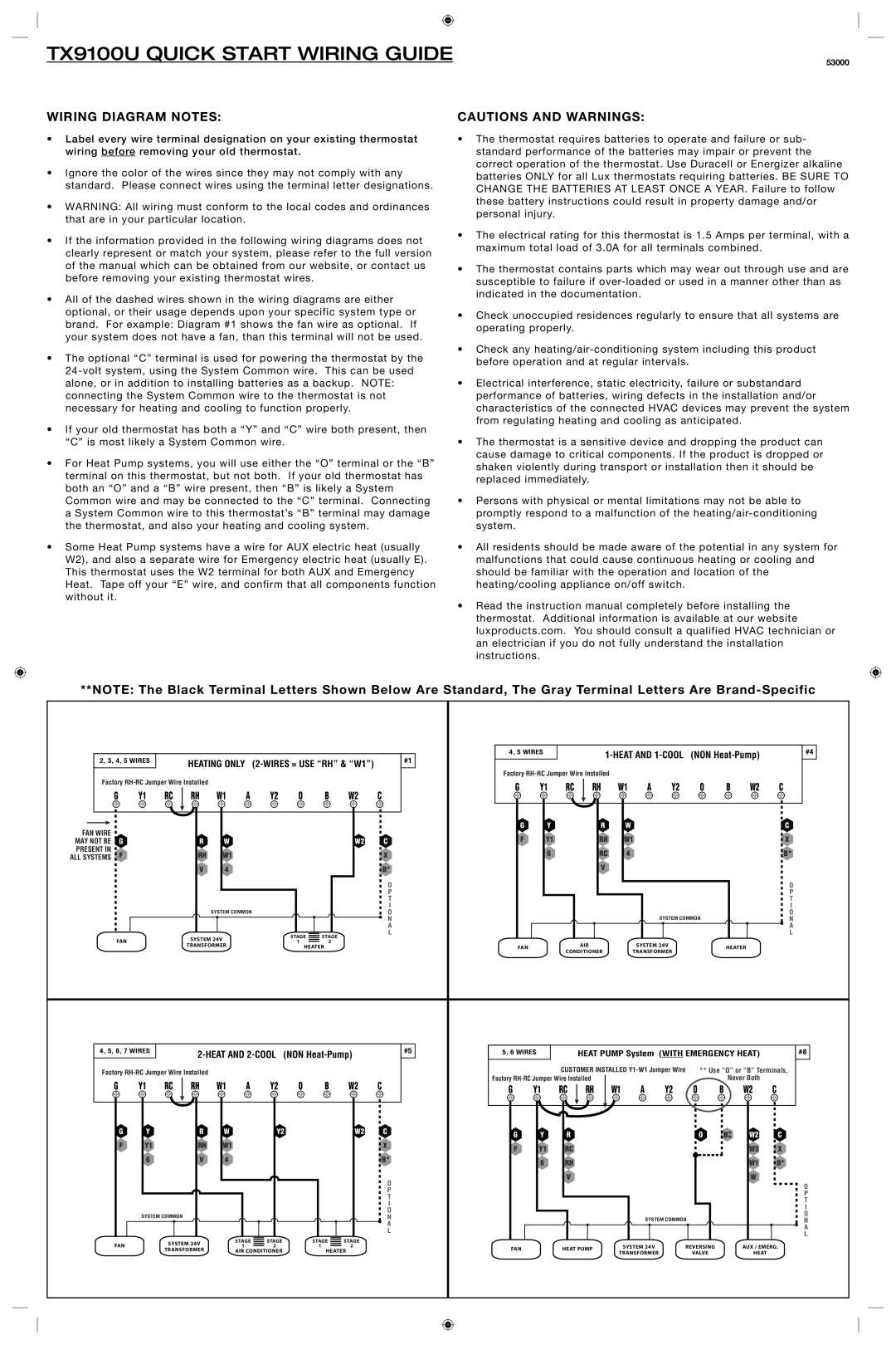 Lux Products instruction manual TX9100U QUICK START WIRING GUIDE, Wiring Diagram Notes, Cautions And Warnings 