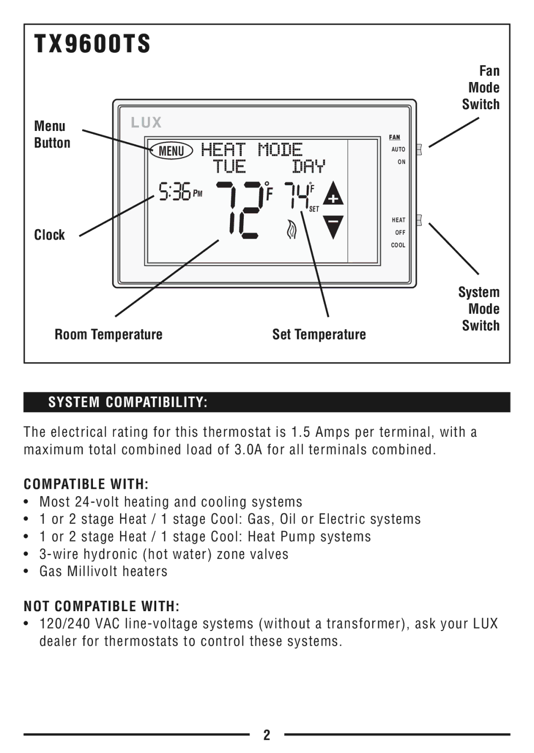 Lux Products TX9600TS operating instructions System Compatibility, Not Compatible with 