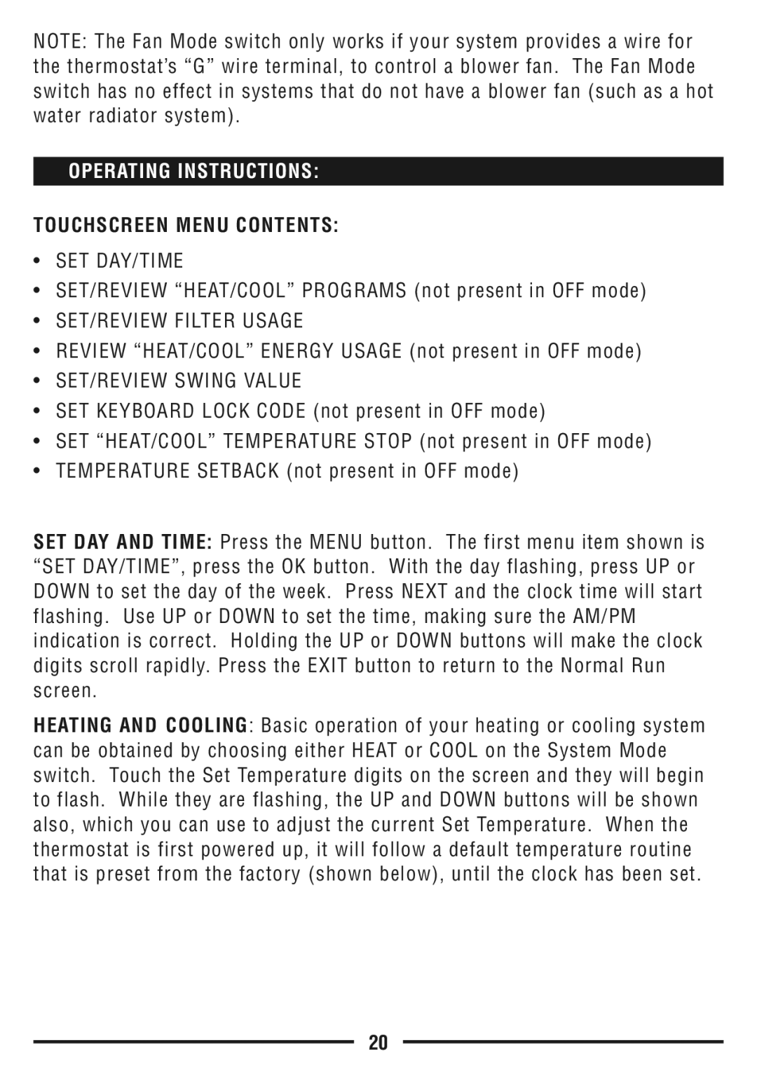 Lux Products TX9600TS operating instructions Operating Instructions, Touchscreen Menu Contents 