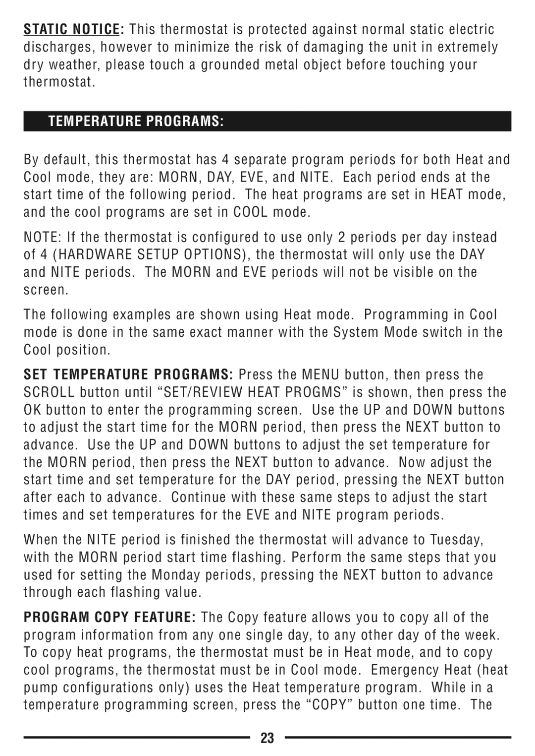 Lux Products TX9600TS operating instructions Temperature Programs 