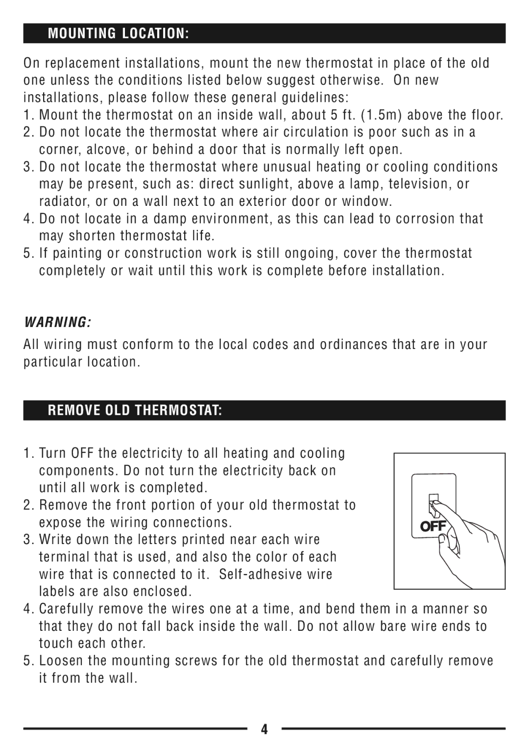 Lux Products TX9600TS operating instructions Mounting Location, Remove OLD Thermostat 