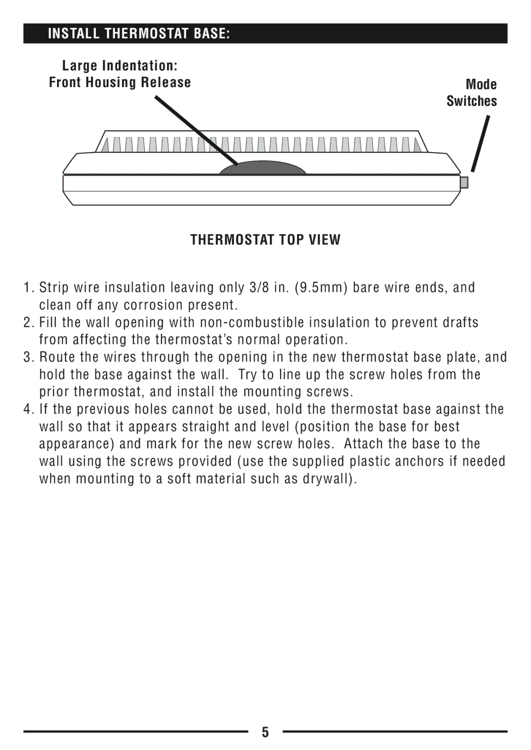 Lux Products TX9600TS operating instructions Install Thermostat Base, Thermostat TOP View 