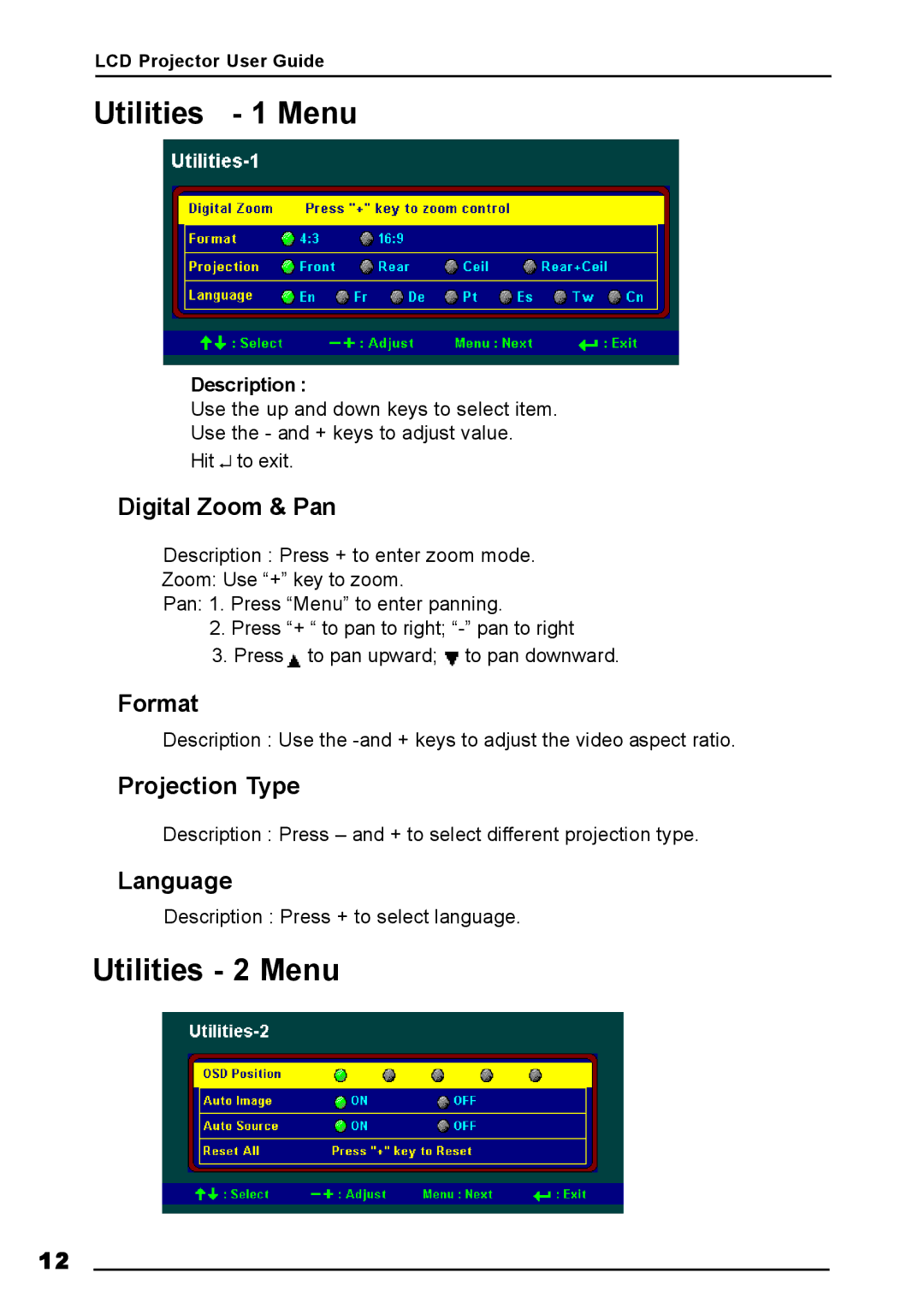 Luxeon AV-X2Plus manual Utilities 1 Menu, Utilities 2 Menu 