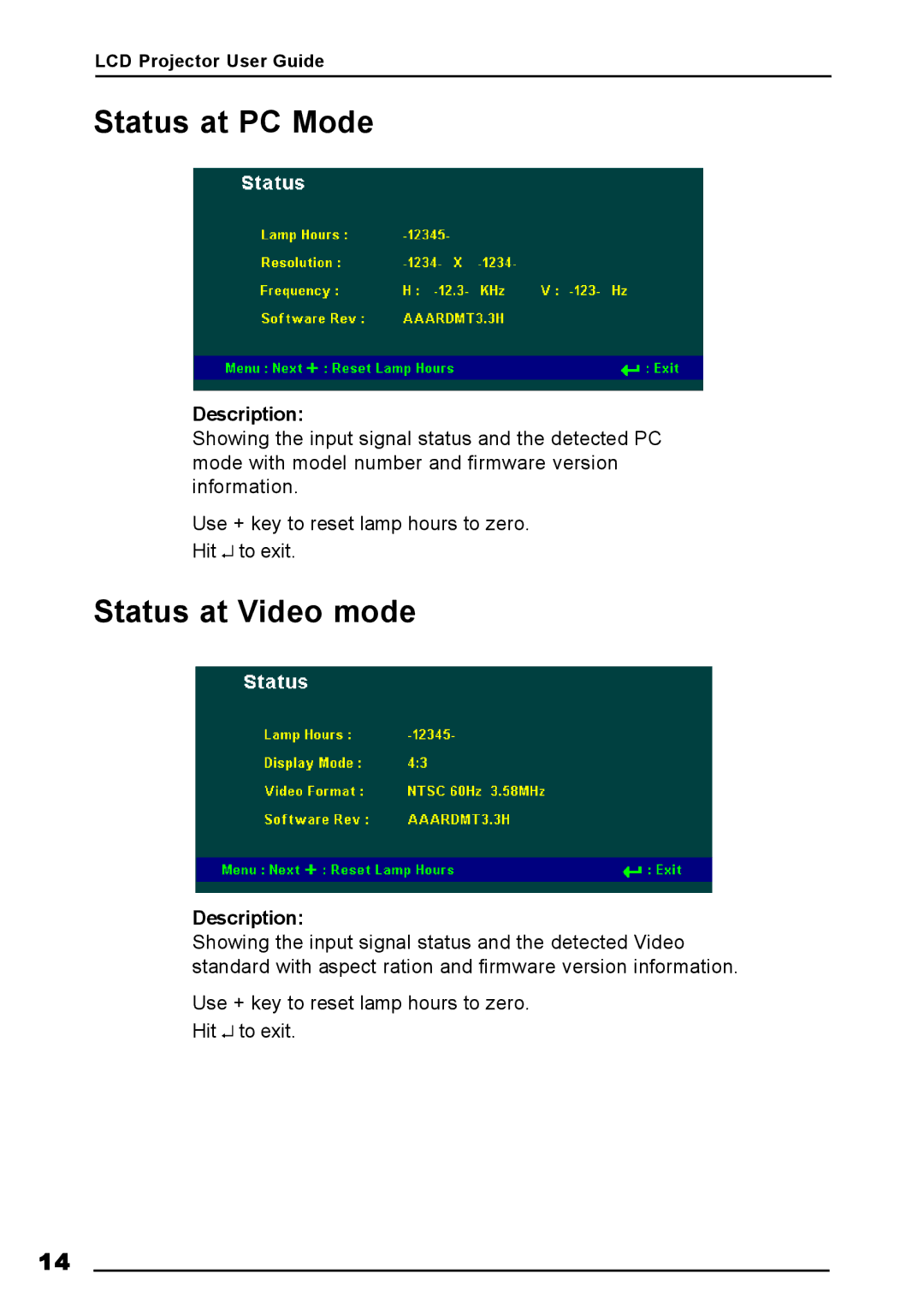 Luxeon AV-X2Plus manual Status at PC Mode, Status at Video mode 