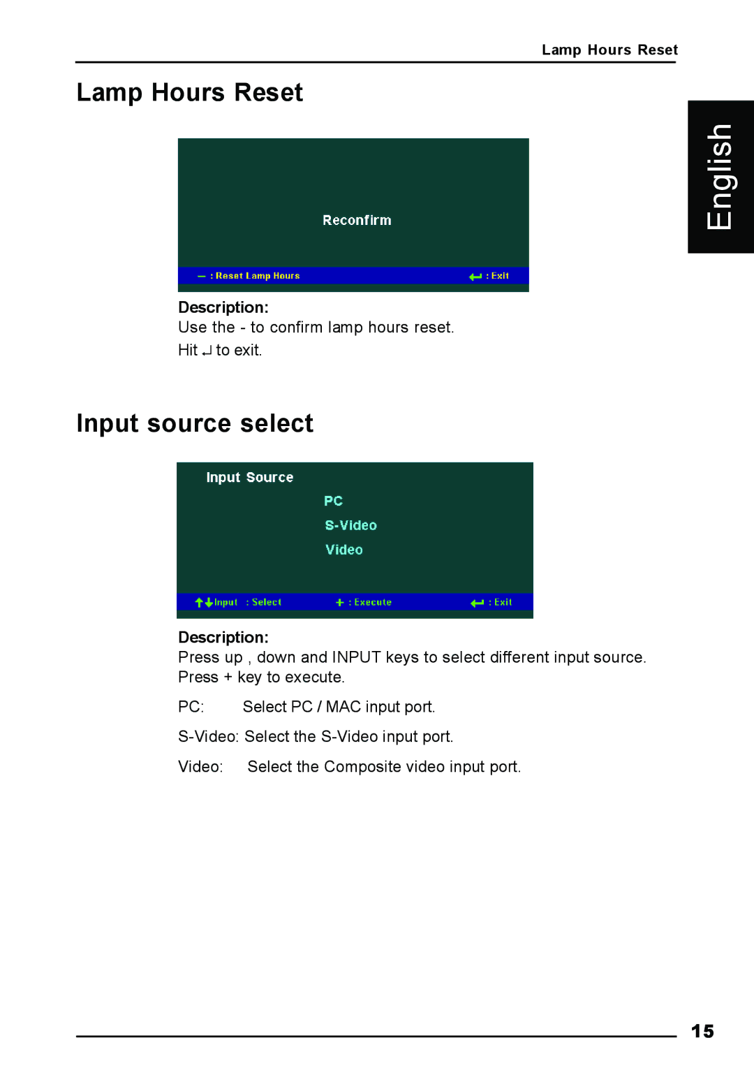 Luxeon AV-X2Plus manual Lamp Hours Reset, Input source select 