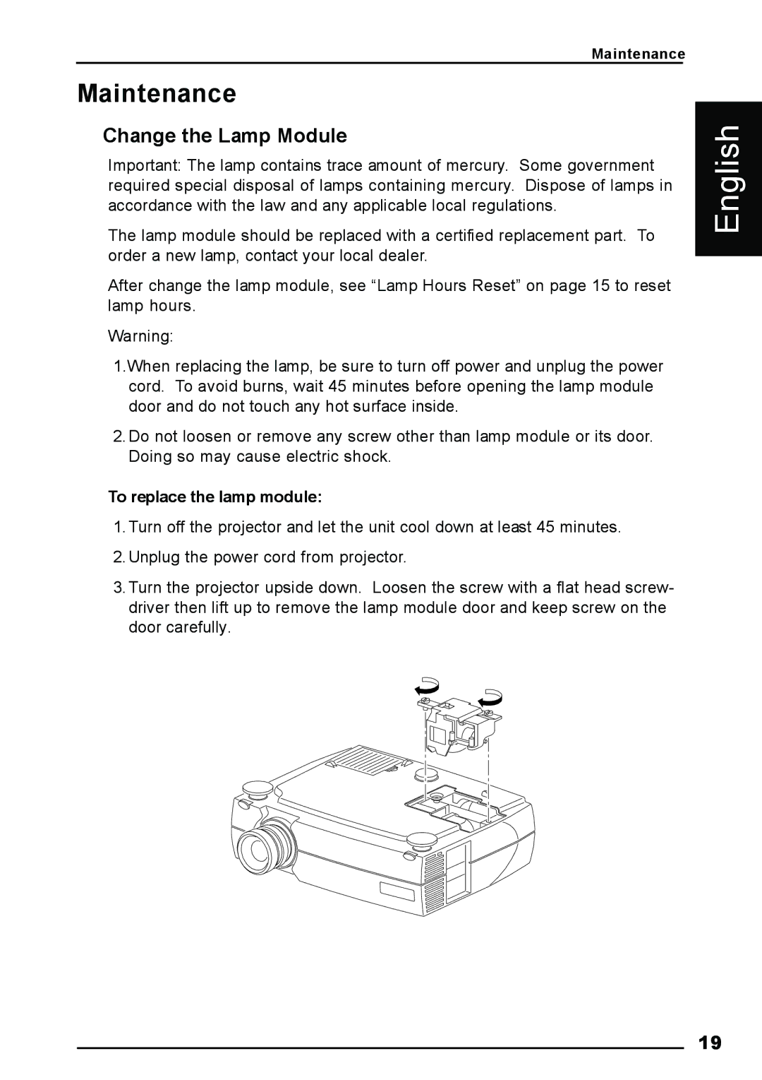 Luxeon AV-X2Plus manual Maintenance, Change the Lamp Module, To replace the lamp module 