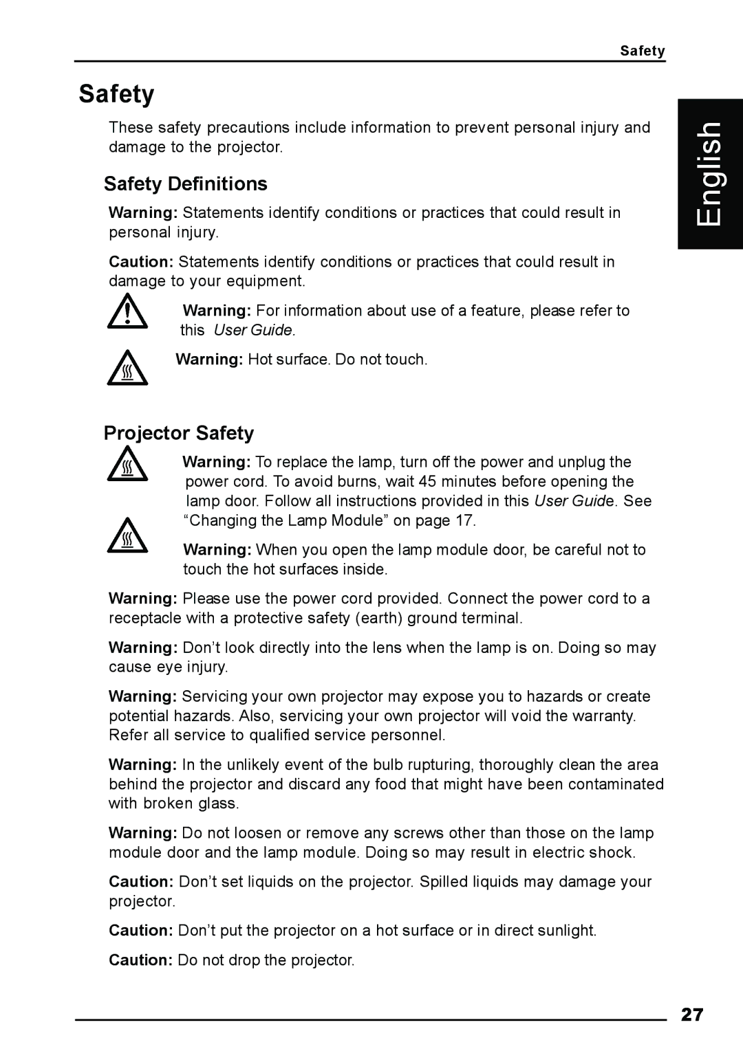 Luxeon AV-X2Plus manual Safety Definitions, Projector Safety 