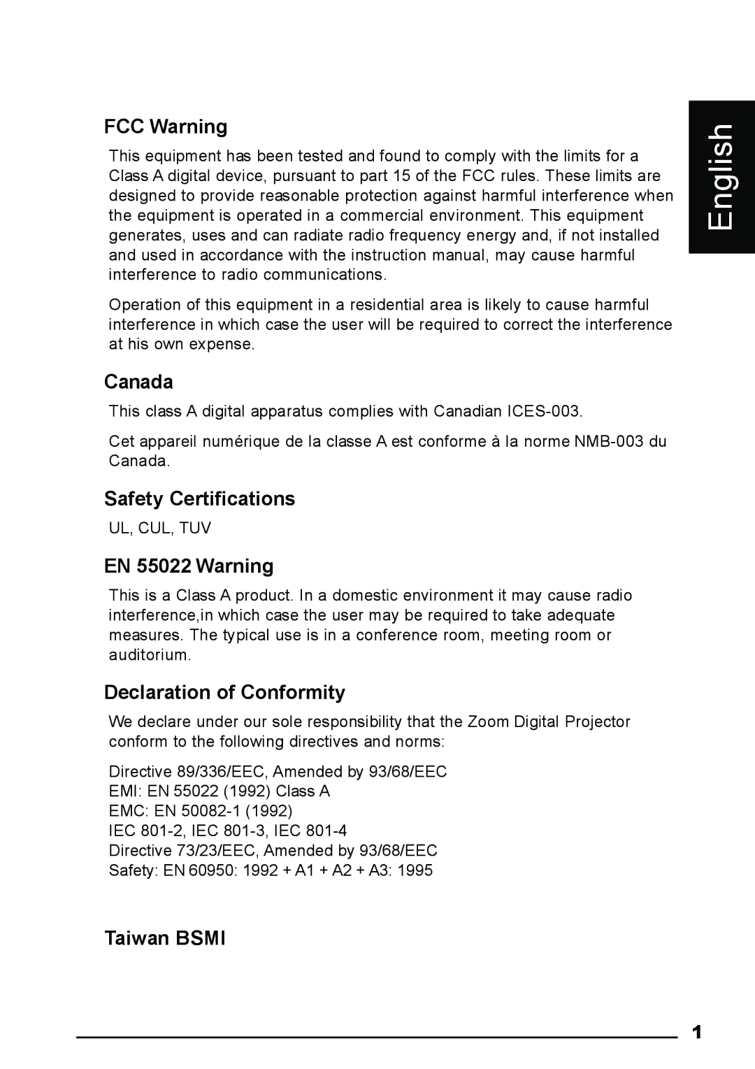 Luxeon AV-X2Plus FCC Warning, Canada, Safety Certifications, EN 55022 Warning, Declaration of Conformity, Taiwan Bsmi 