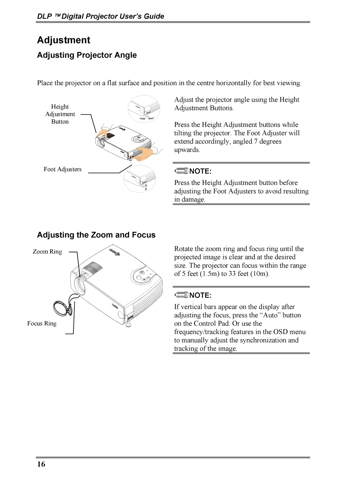 Luxeon D315M manual Adjustment, Adjusting Projector Angle, Adjusting the Zoom and Focus 