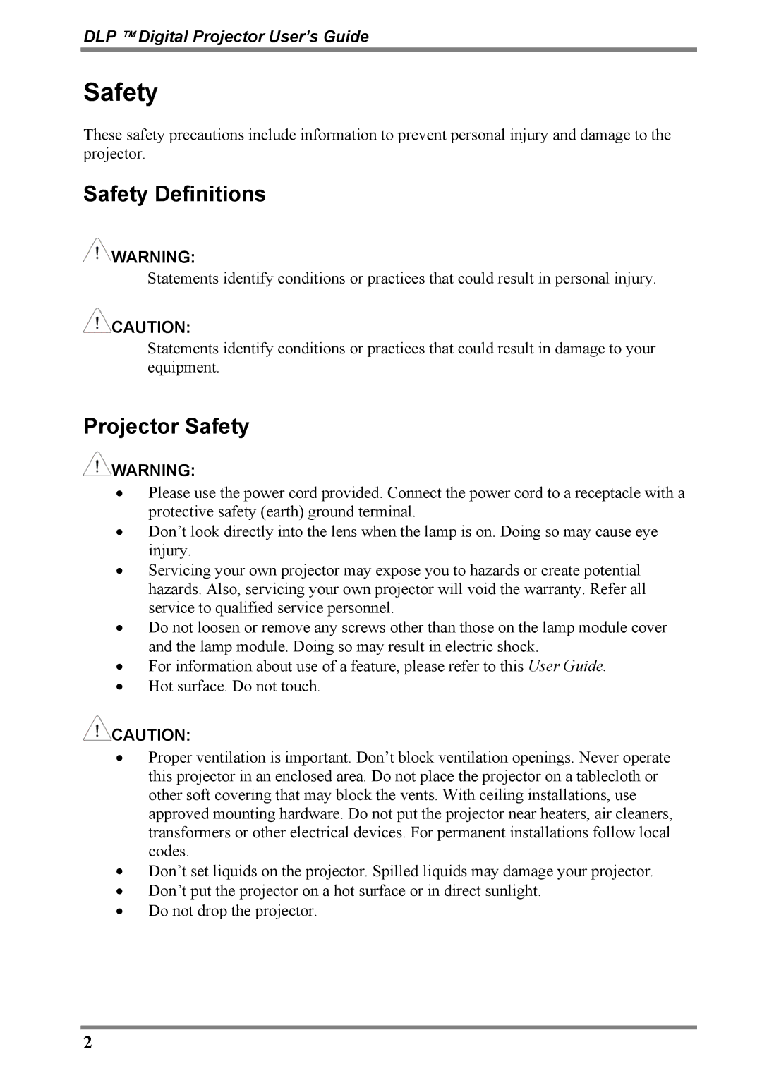 Luxeon D315M manual Safety Definitions, Projector Safety 