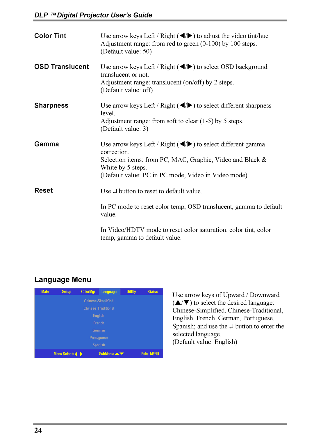 Luxeon D315M manual Language Menu, Color Tint, OSD Translucent, Sharpness, Gamma 