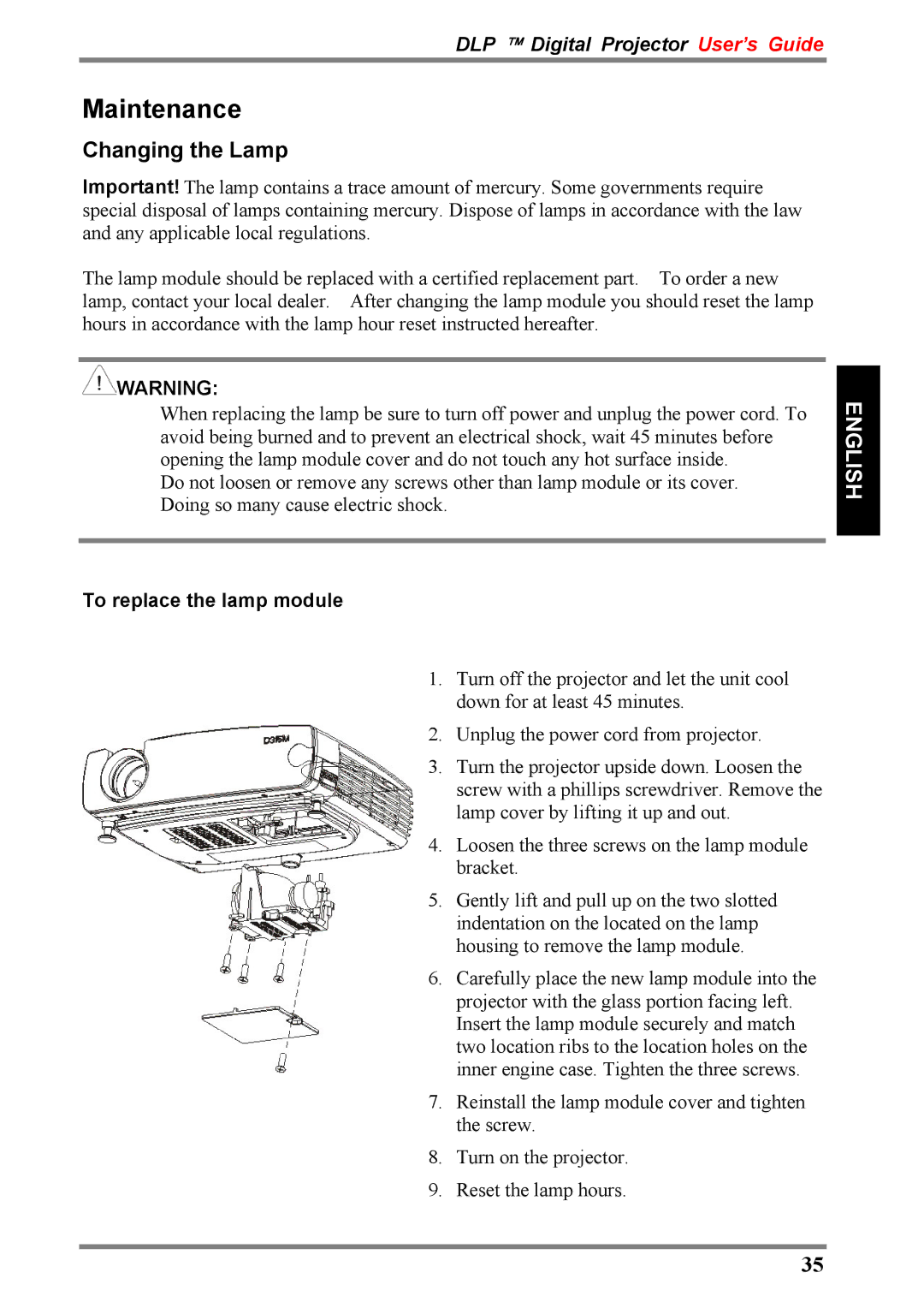 Luxeon D315M manual Maintenance, Changing the Lamp, To replace the lamp module 