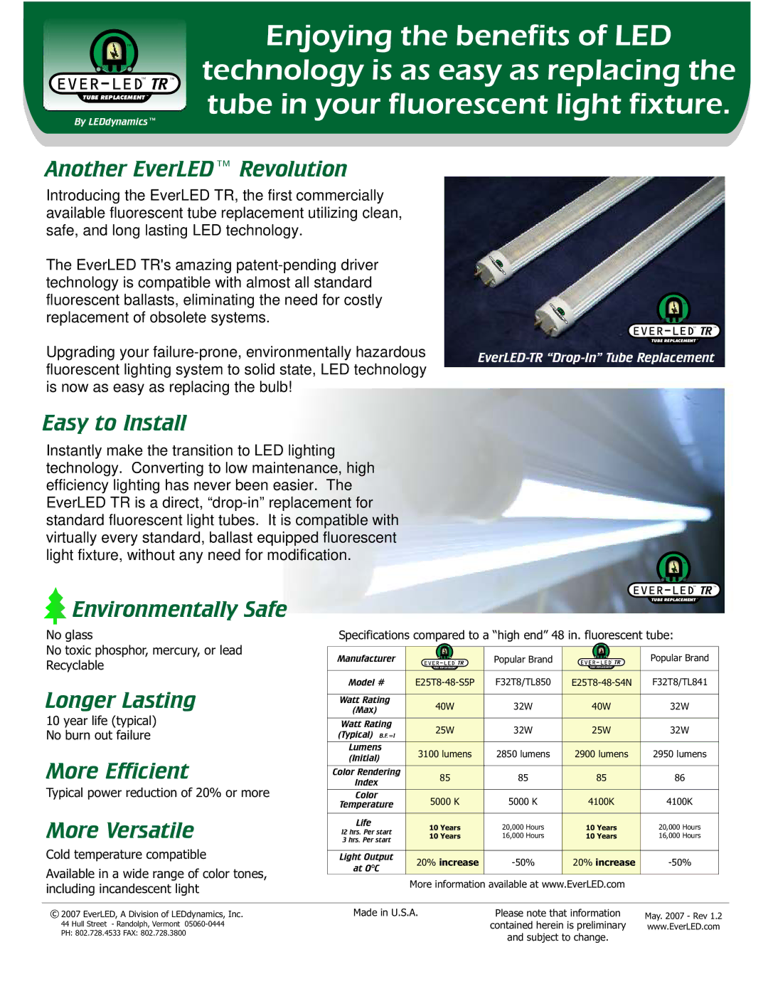 Luxeon F32T8/TL850 specifications Another EverLED Revolution, Easy to Install, Environmentally Safe, Longer Lasting 