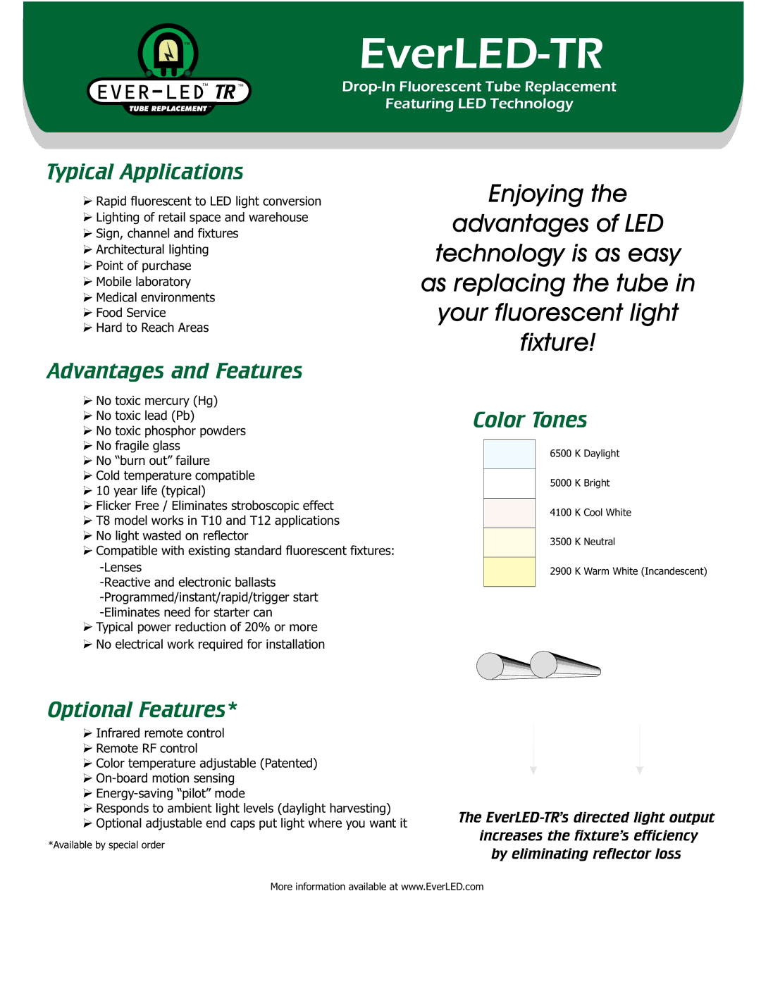 Luxeon E2528-48-S4N, E2STB-48-SSP Typical Applications, Advantages and Features, Color Tones, Optional Features 