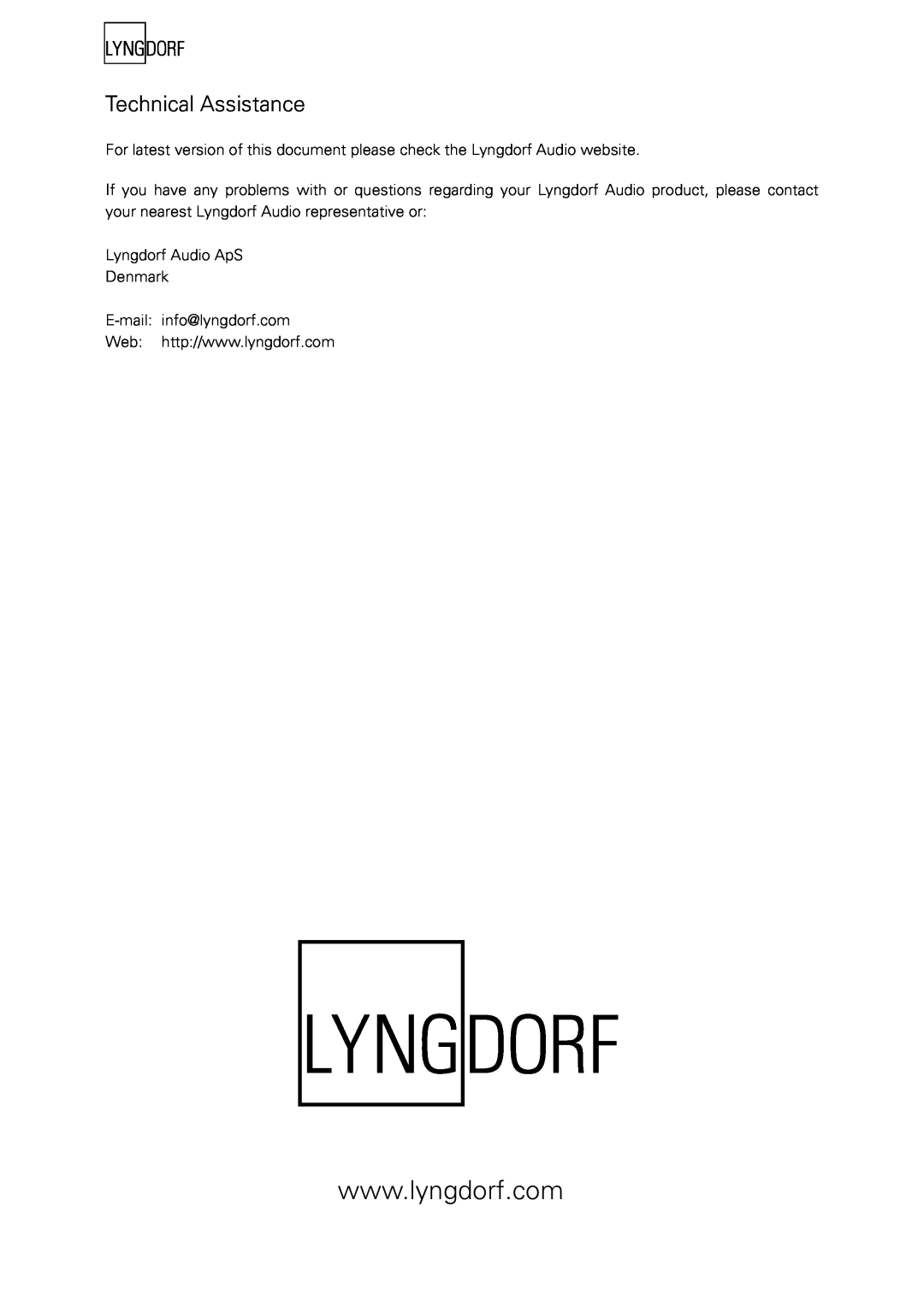 Lyngdorf Audio BW-1 owner manual Technical Assistance 