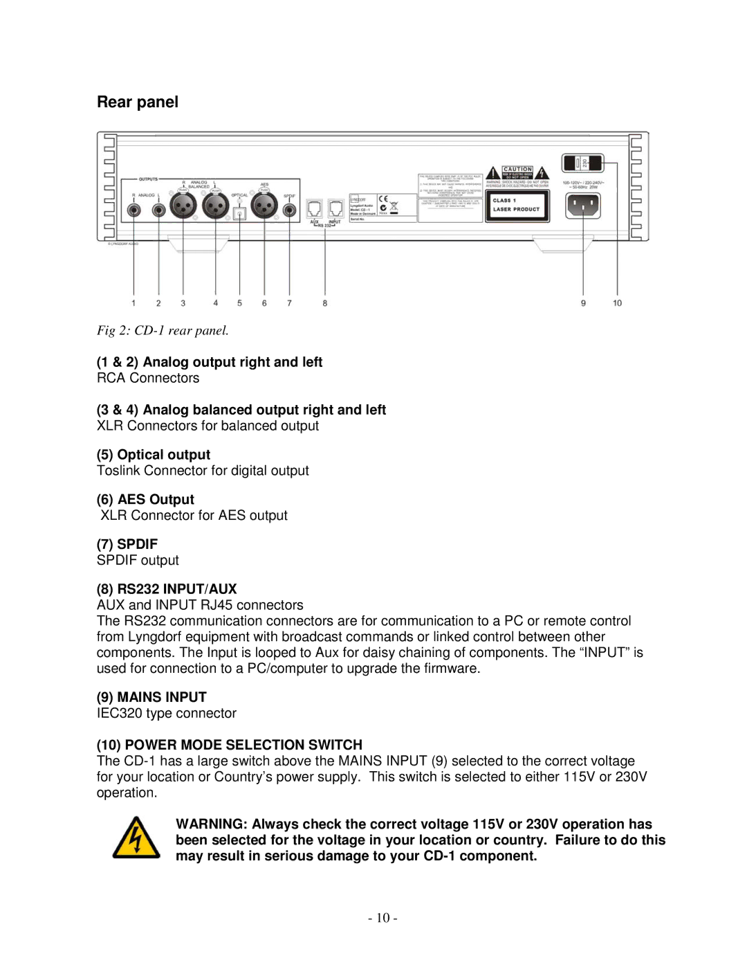 Lyngdorf Audio CD-1 owner manual Rear panel, AES Output, Mains Input IEC320 type connector 