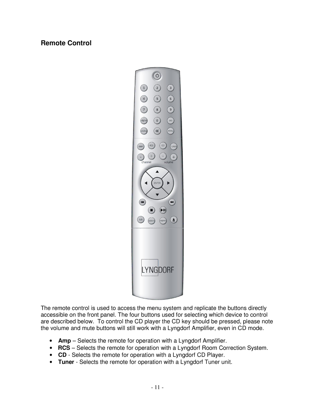 Lyngdorf Audio CD-1 owner manual Remote Control 