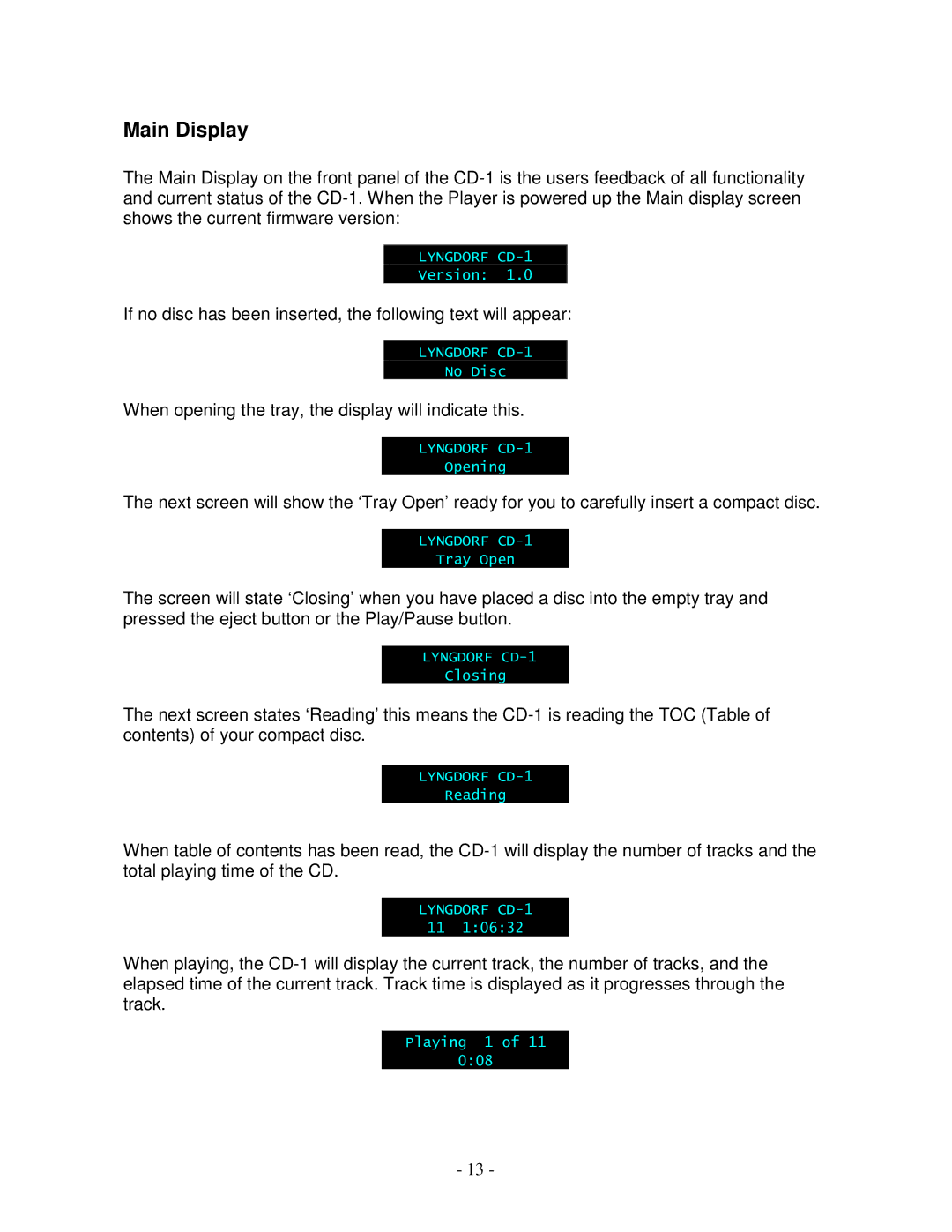 Lyngdorf Audio CD-1 owner manual Main Display 