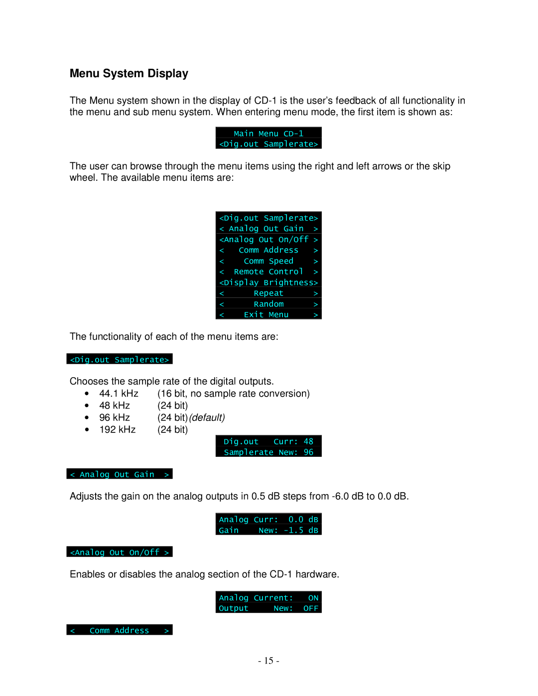 Lyngdorf Audio CD-1 owner manual Menu System Display, Bitdefault 