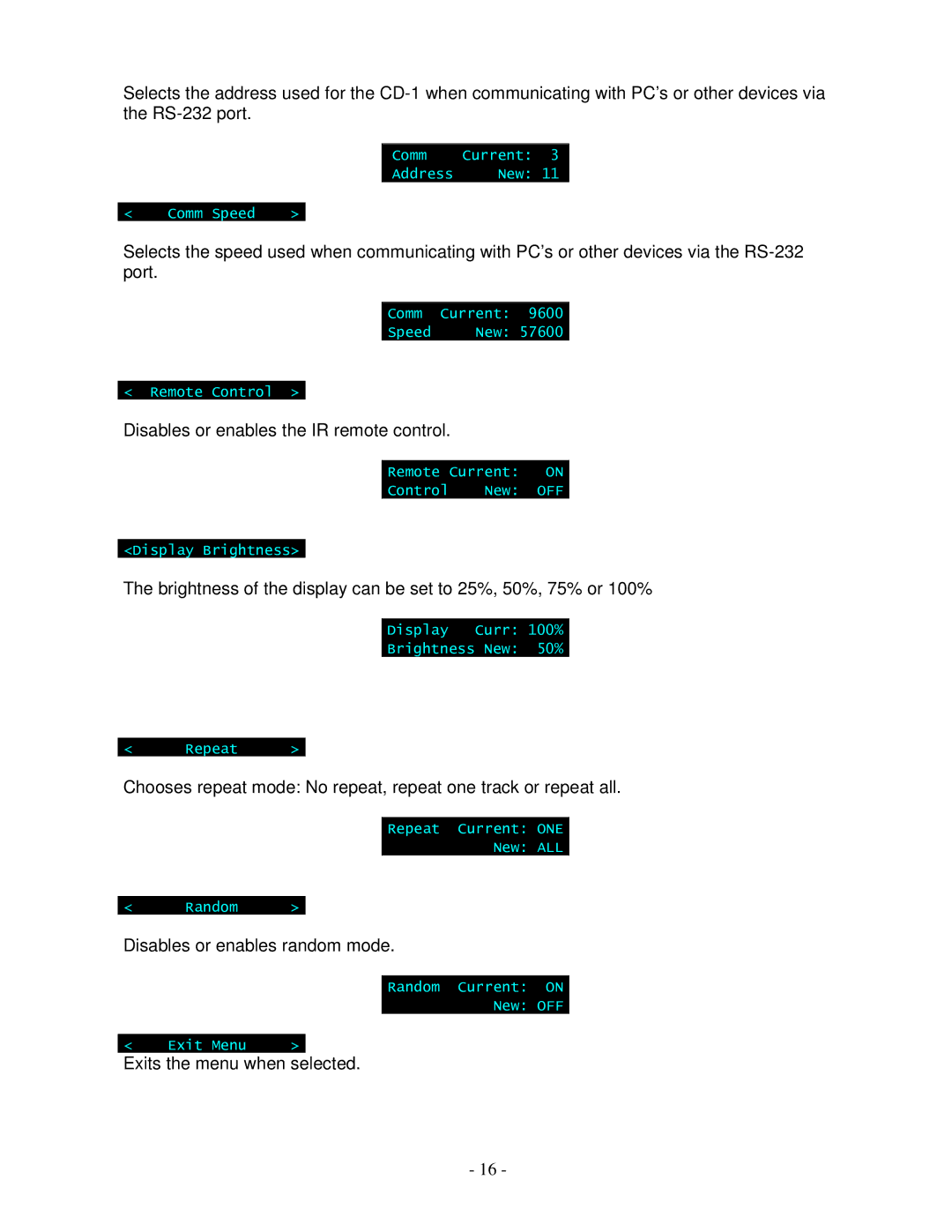 Lyngdorf Audio CD-1 owner manual Disables or enables the IR remote control 