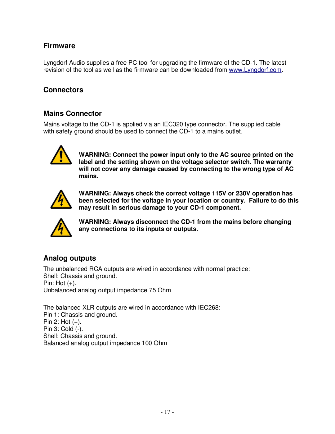 Lyngdorf Audio CD-1 owner manual Firmware Connectors Mains Connector, Analog outputs 