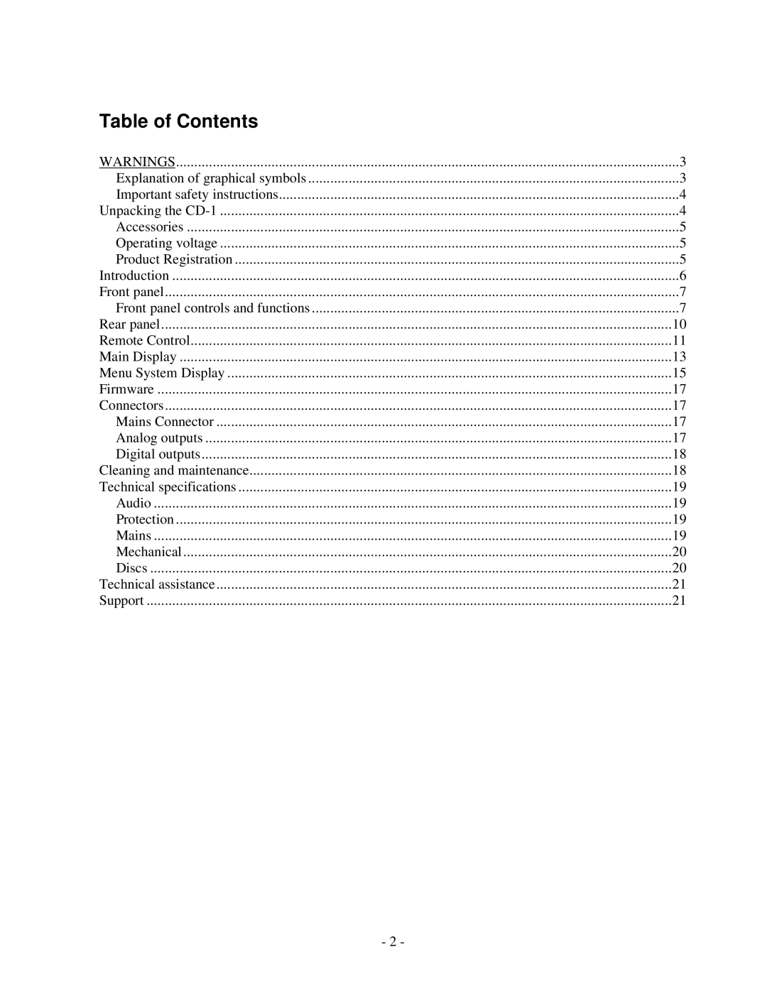 Lyngdorf Audio CD-1 owner manual Table of Contents 