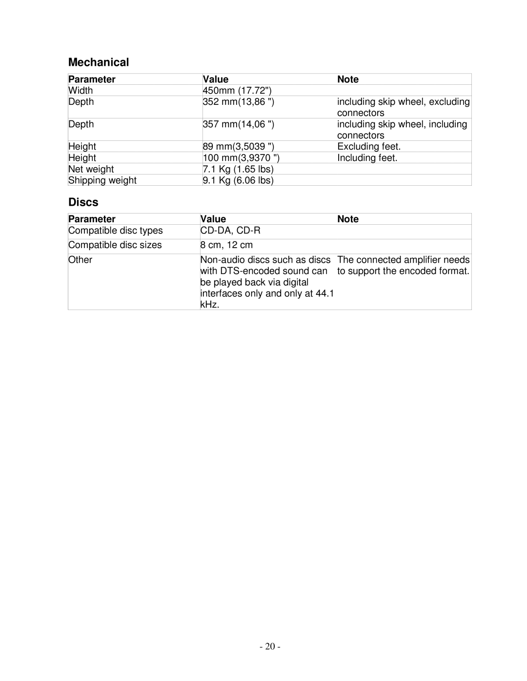 Lyngdorf Audio CD-1 owner manual Mechanical, Discs 