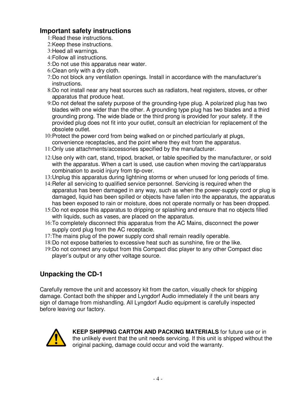 Lyngdorf Audio owner manual Important safety instructions, Unpacking the CD-1 