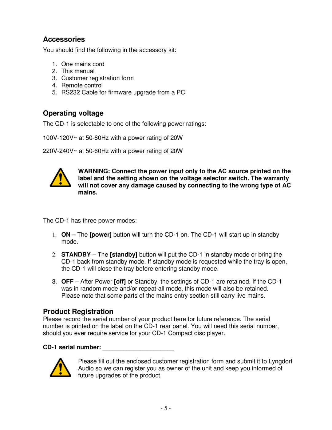 Lyngdorf Audio owner manual Accessories, Operating voltage, Product Registration, CD-1 serial number 