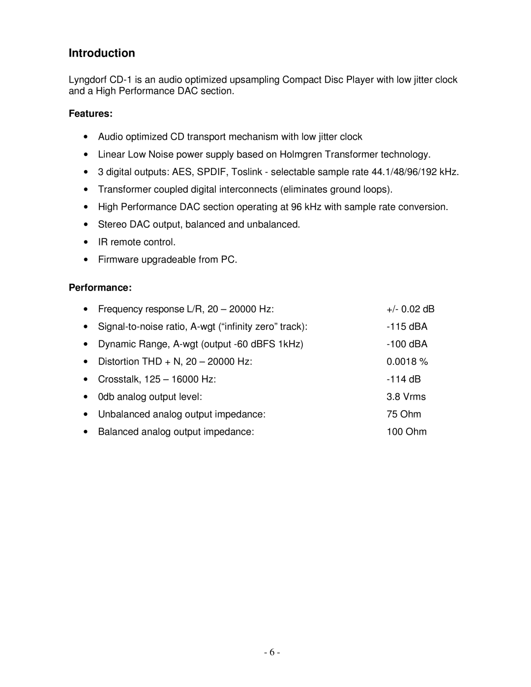 Lyngdorf Audio CD-1 owner manual Introduction, Features, Performance 