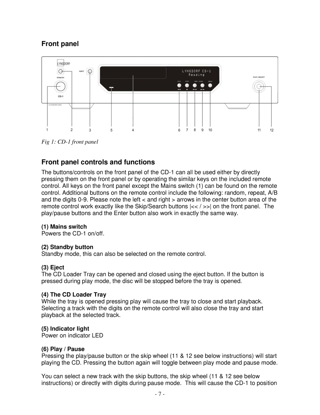 Lyngdorf Audio CD-1 owner manual Front panel controls and functions 