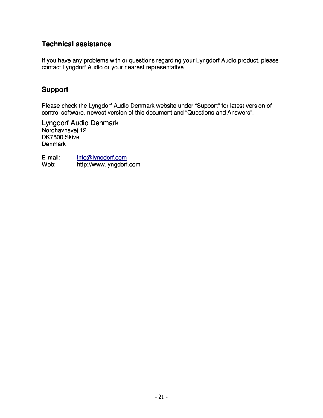 Lyngdorf Audio CD-1 owner manual Technical assistance, Support, Lyngdorf Audio Denmark 