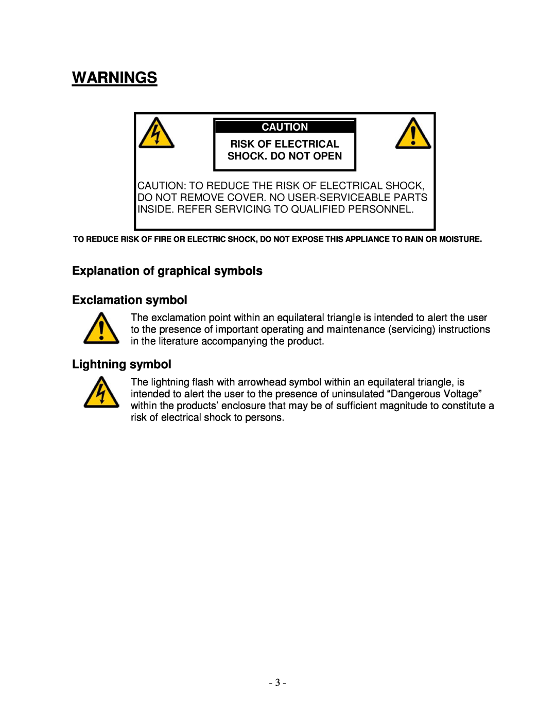 Lyngdorf Audio CD-1 owner manual Explanation of graphical symbols, Exclamation symbol, Lightning symbol, Warnings 