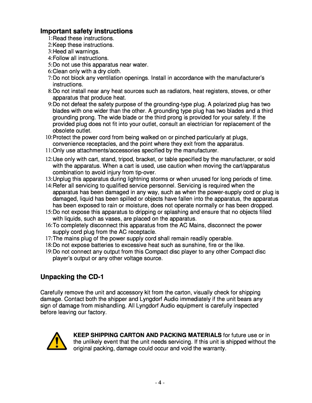 Lyngdorf Audio owner manual Important safety instructions, Unpacking the CD-1 
