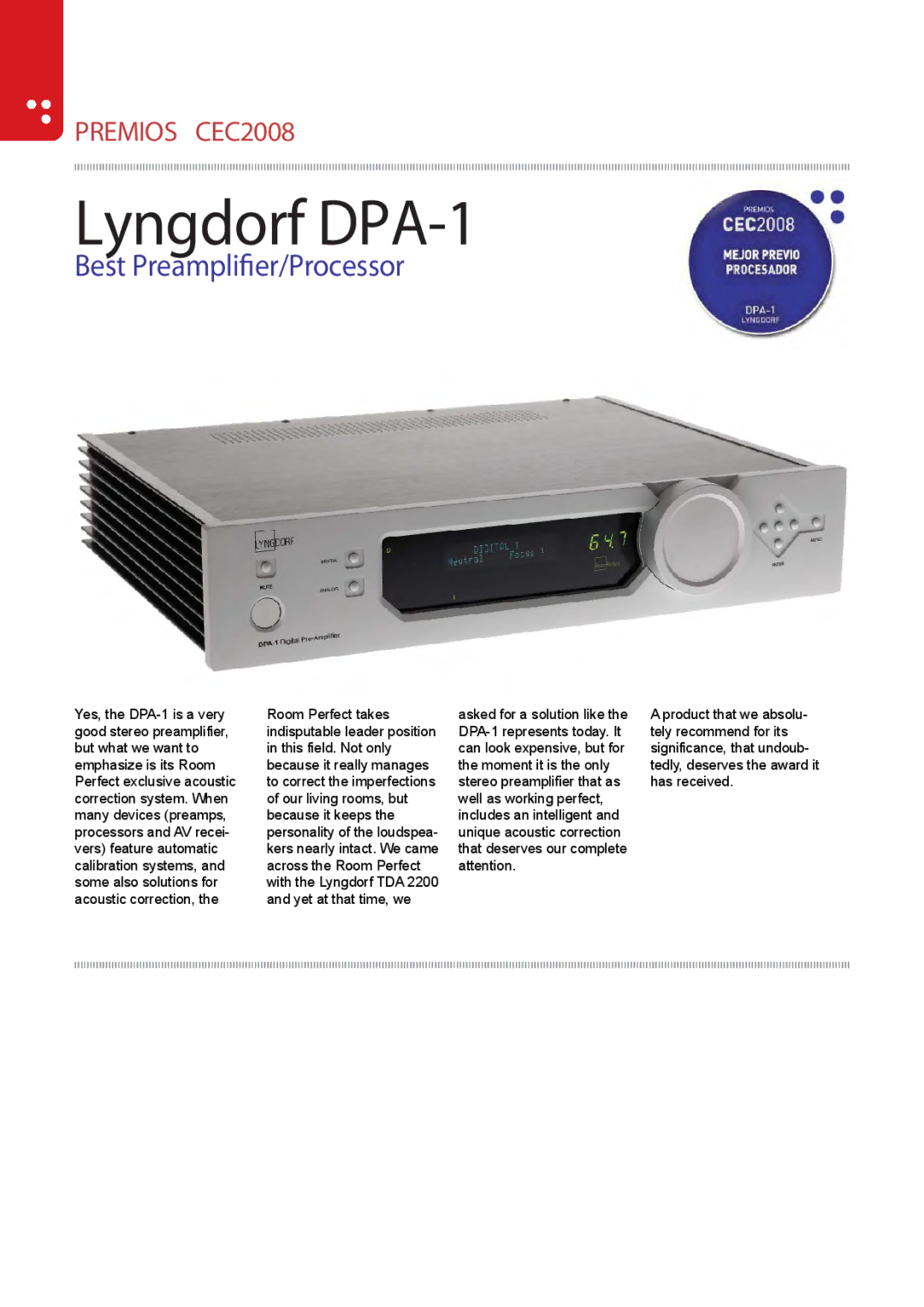 Lyngdorf Audio CEC2008 manual Lyngdorf DPA-1, Best Preamplier/Processor 